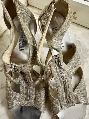 Michael Kors Glitter Zip Front T-Strap Heels in Gold